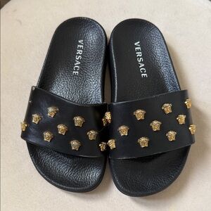 Versace Black Slides with Gold Medusa Accents